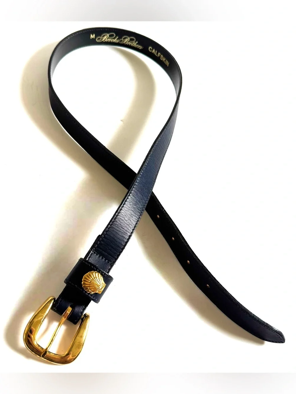 Vtg Brooks Brothers Navy Blue Calfskin Leather Belt M Gold Shell Coastal Preppy